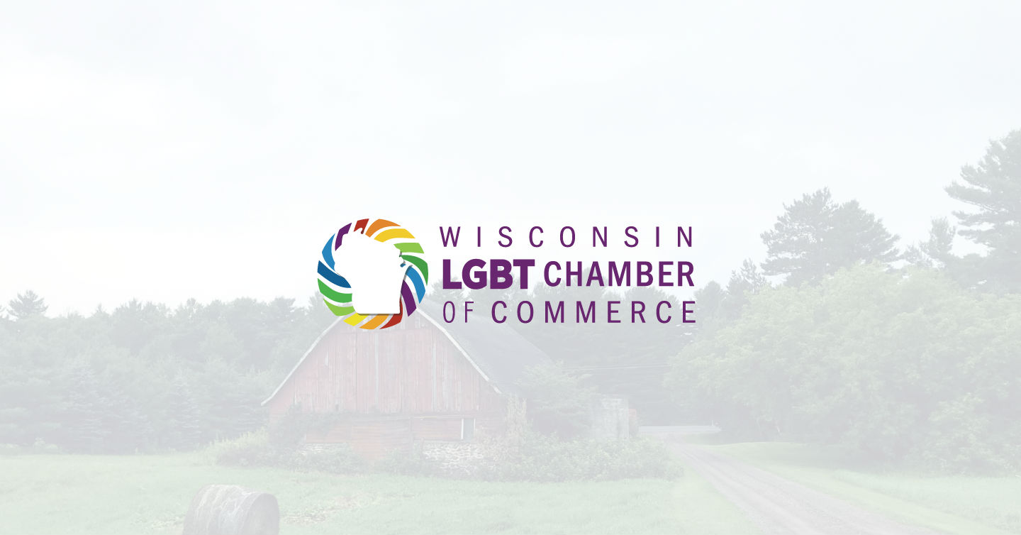 lightened photo of farm with Wisconsin LGBT chamber icon overlaid
