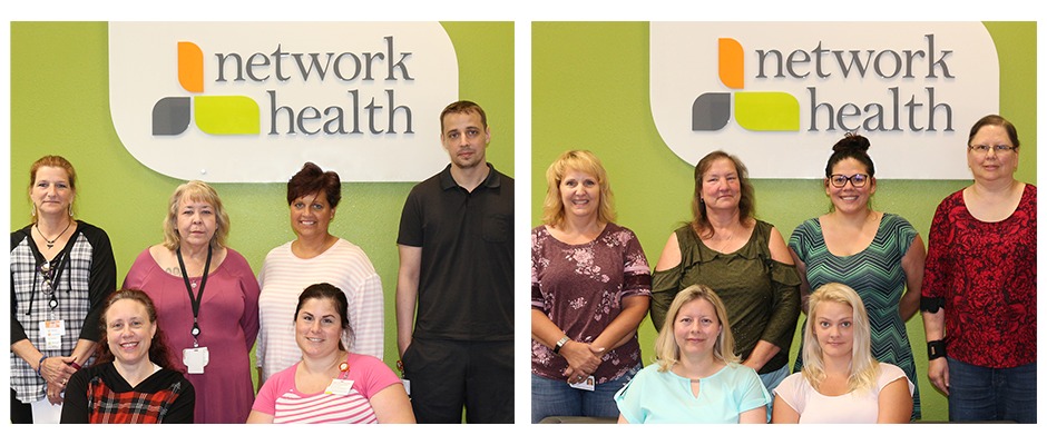100 Club featured employees in front of Network Health wall