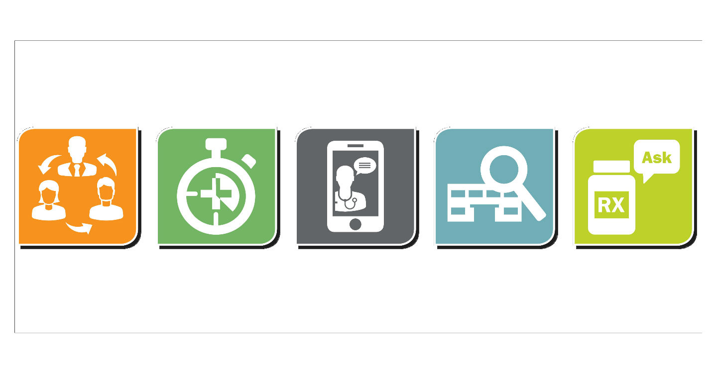 five health insurance related icons on white background
