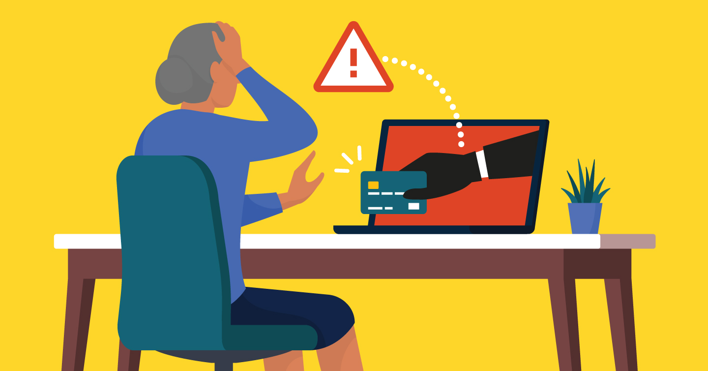 a graphic of a senior woman getting a fraud alert on her computer