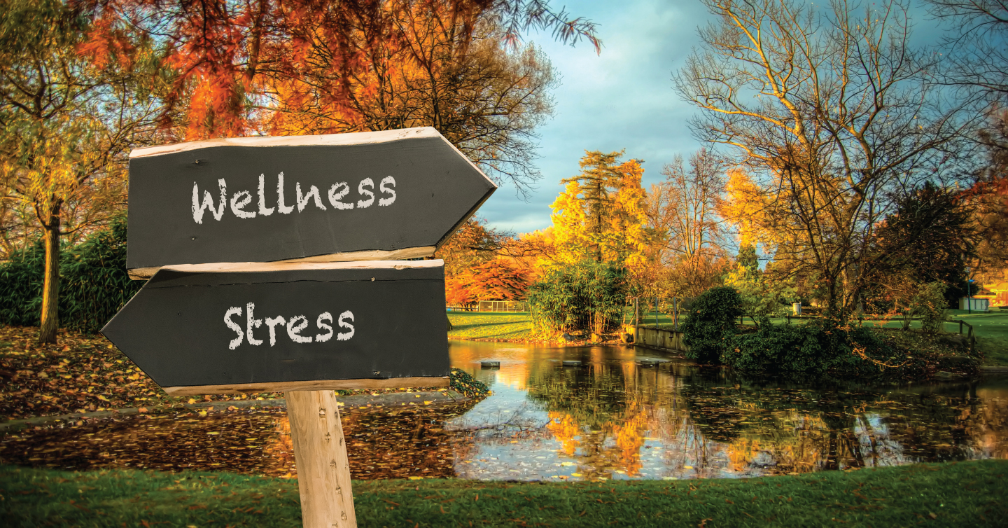 a sign pointing in the directions of wellness and stress