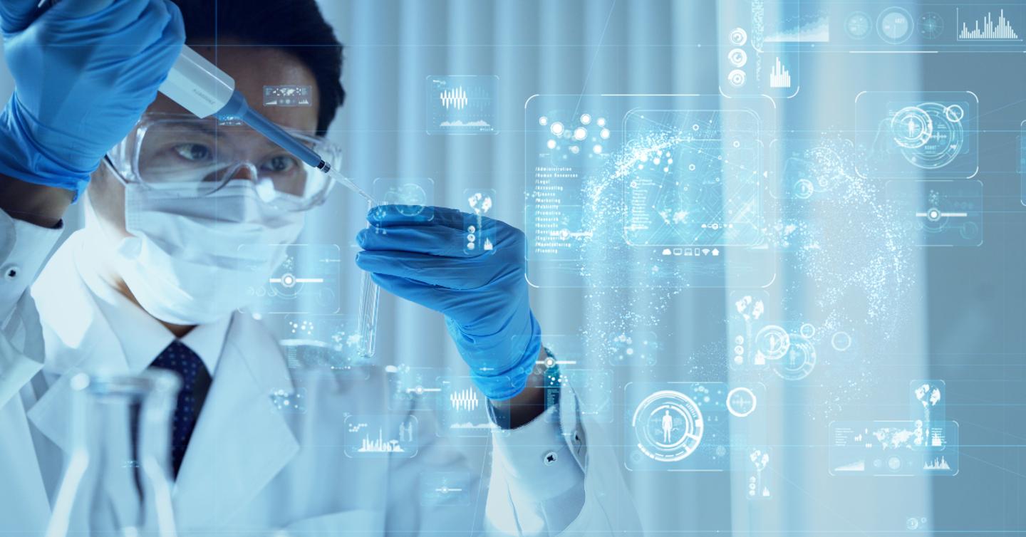 scientist creating vaccine in lab with graphics
